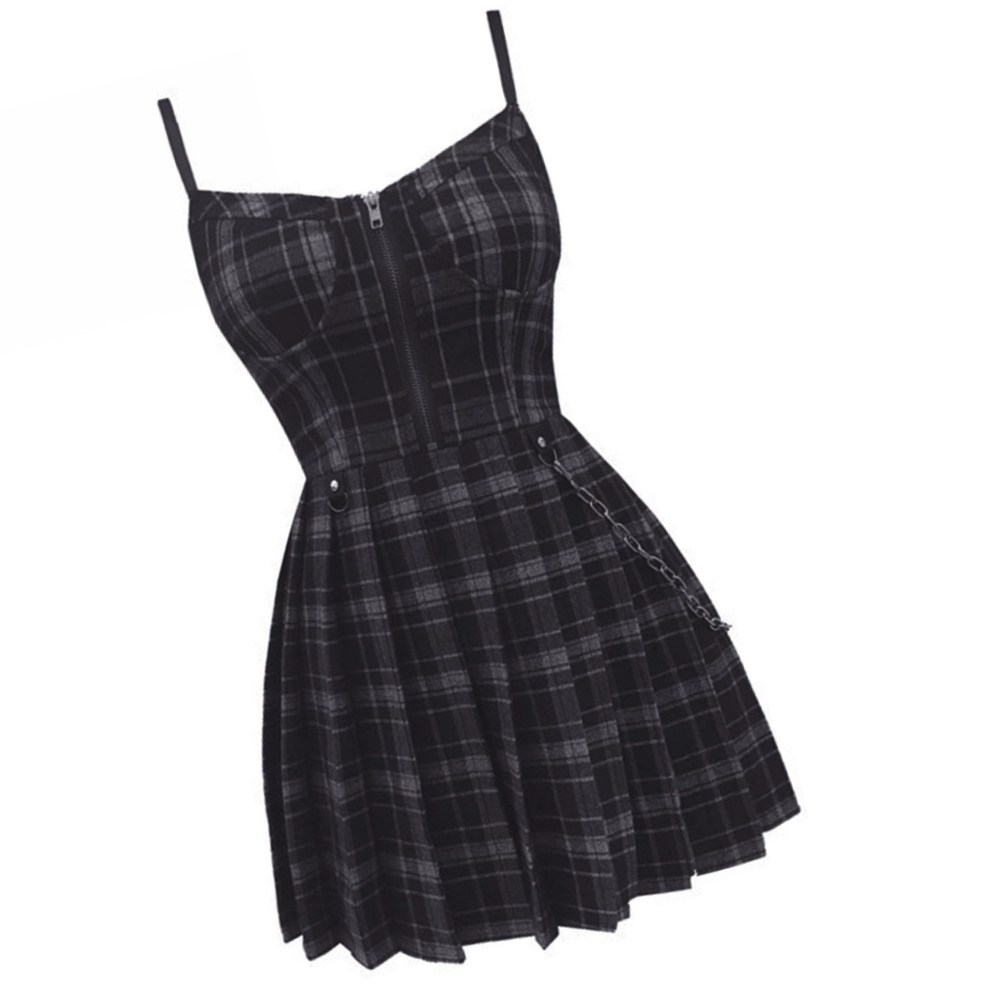 Black Plaid Zip-Front Spaghetti Strap Dress